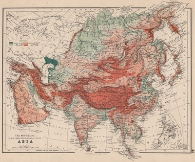 ASIEN PHYSISCH. Relief Berghöhen Meerestiefen Flüsse. JOHNSTON 1895 Karte