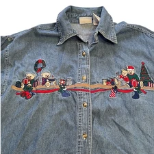 Vintage Denim Embroidered Christmas Button Up Shirt Bobbie Brooks XL Womens 90s