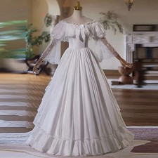 White Flower Lace Satin Boat Neck Ruffles Bow Long PuffSleeve Lace Up Ball Gown