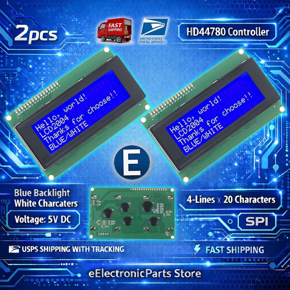 2pcs LCD 2004 Blue 20x4 LCD2004 Character Module Display Screen Arduino HD44780