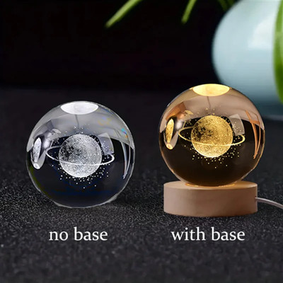 3D Crystal Planet LED Night Light - Solar System Globe with Wood Base