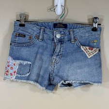 Polo Ralph Lauren Girls Distressed Floral Patchwork Denim Jean Shorts size 8/10