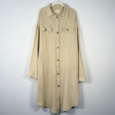 Oli & Hali Boho Natural Sage Green Gauze Cotton Button Front Duster Shirt Dress
