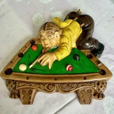 Billiards Theme Wall Plaque Man Shooting Pool, Vintage Chalkware, Man Cave Decor