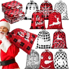 16 Pcs Christmas Drawstring Bags Bulk Large Xmas Buffalo Plaid Drawstring Clo...