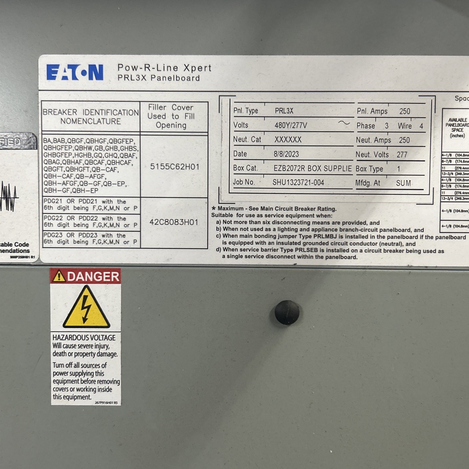 Eaton PRL3X Panel 480/277v 250 AMP 3 phase With Surge Protection