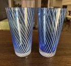 2 Vintage MURANO Tumbler Drinking GLASSES Twisted Blue & White Spiral Line Glass