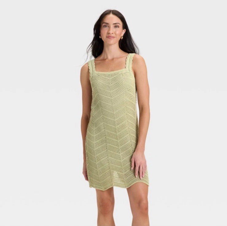 Women's Crochet Mini Shift Dress - A New Day Light Green Large Women's Crochet Mini Shift Dress - A New Day Light Green Large