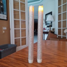 Set of 2 Flameless Taper Candles Silver Glitter  9" Battery Powered (INCLUDED)