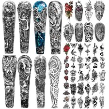 46 Sheets Lion Wolf Full Arm Temporary Tattoo for Women or Men Rose Flower Sn...