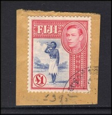 M26985 Fiji 1938 £1 Ultramarine/Carmine Fine used on piece Sg 266b Cat £75