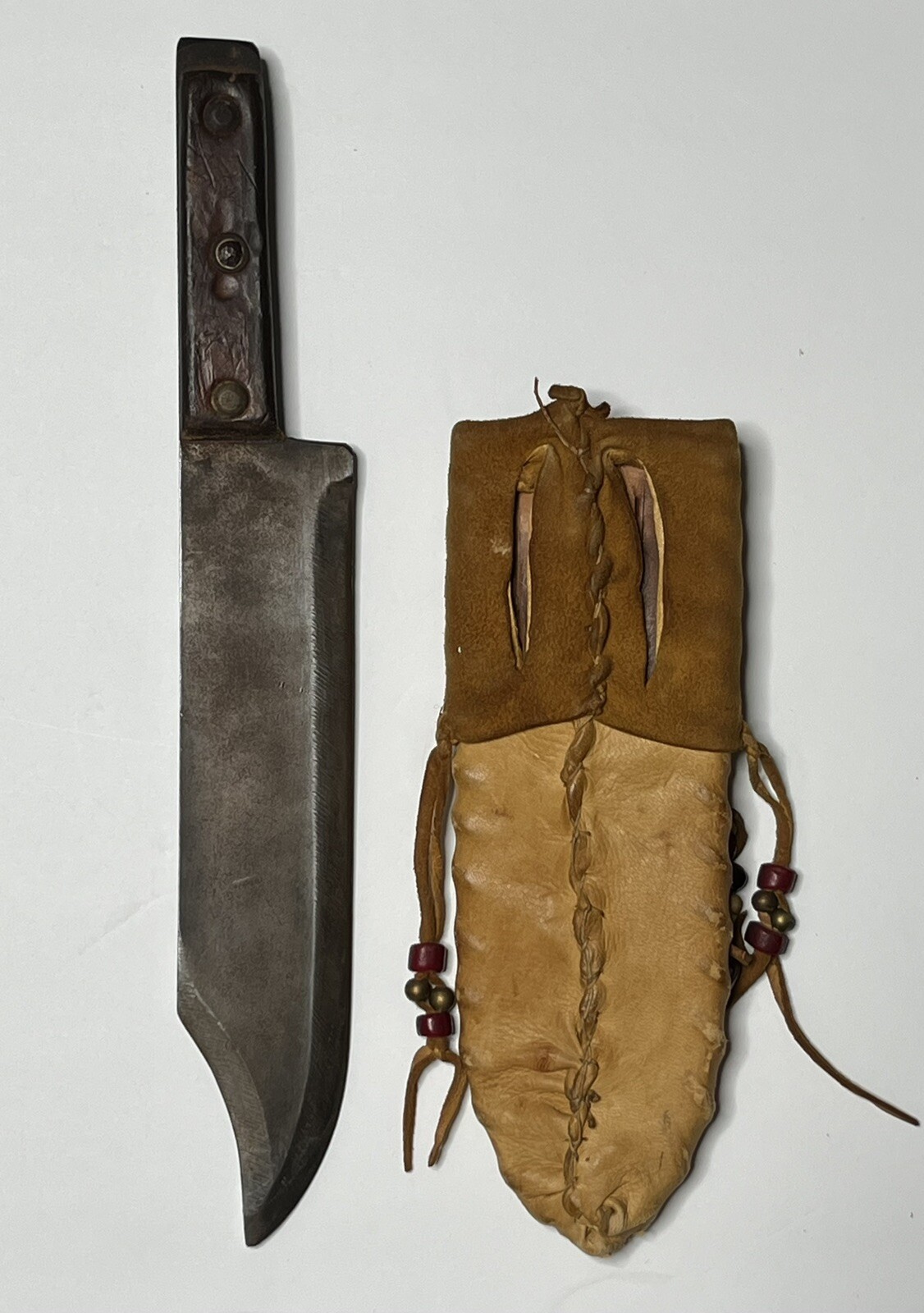 Antique Signed Native American Hunting Knife with Glass Beaded Sheath