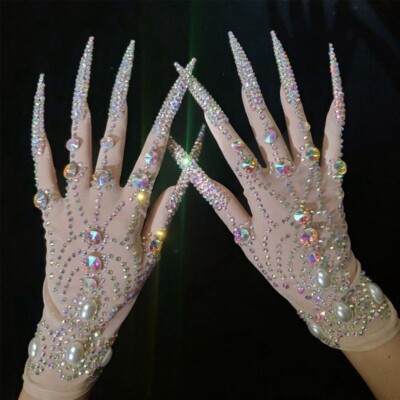 Women Luxury Stretch AB Rhinestones Beaded Sparkling Gloves Dancer Singer Stage