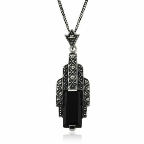 Broche vintage argent massif onyx marcassites art déco sterling