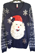 No Boundaries XL Junior's Ugly Christmas Sweater Santa Snowflakes Sparkly Navy