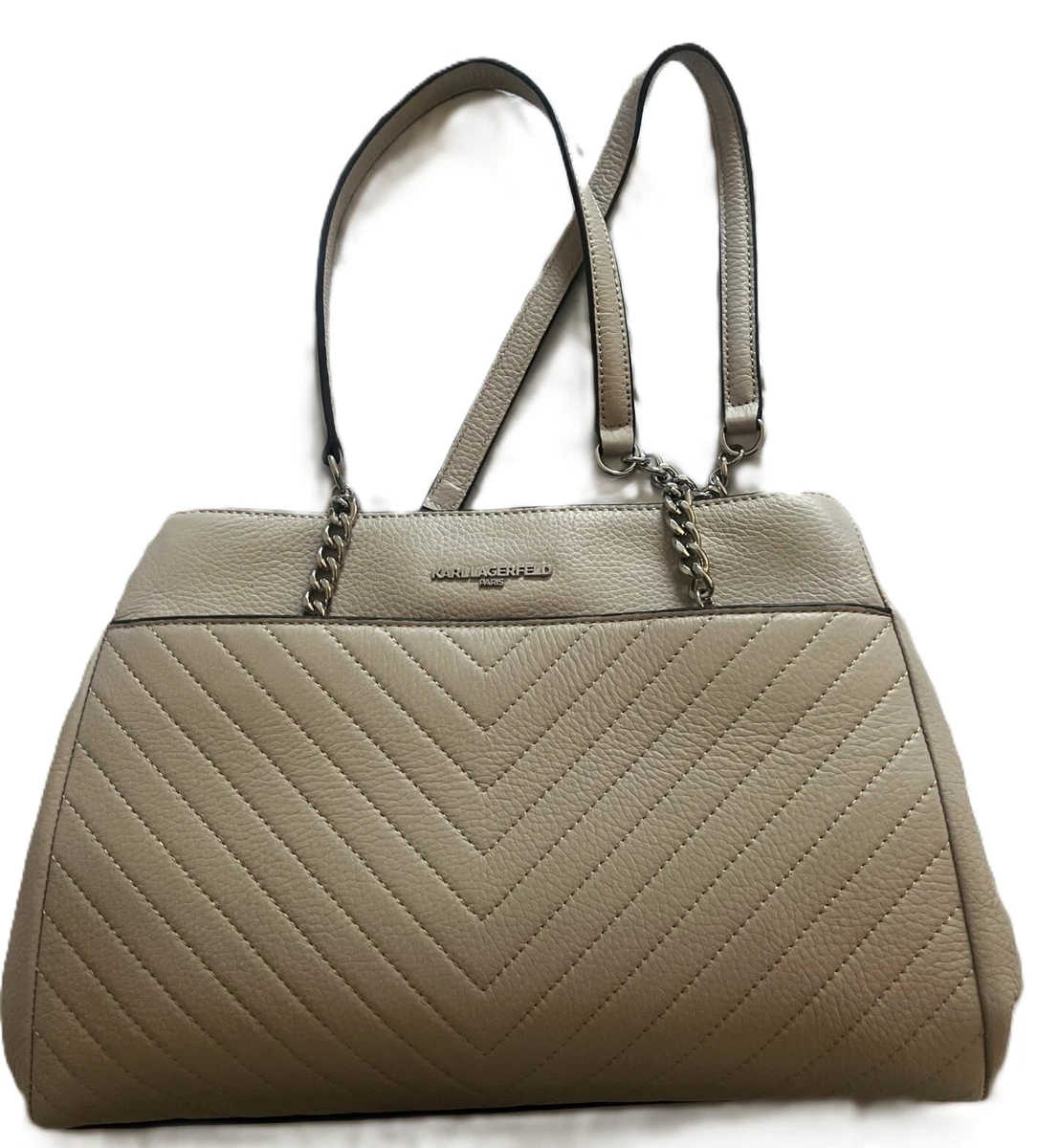 Karl Lagerfeld Paris Beige Pebbled Leather Quilted Chevron Backpack Silver Tone Karl Lagerfeld Paris Charlotte Chevron Quilted Leather  main image 3