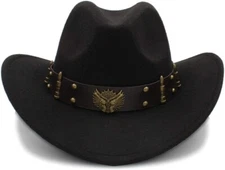 Black Western Cowboy Cowgirl Hat, Revolver Gun Bullet Strap, Men Women Wide Brim