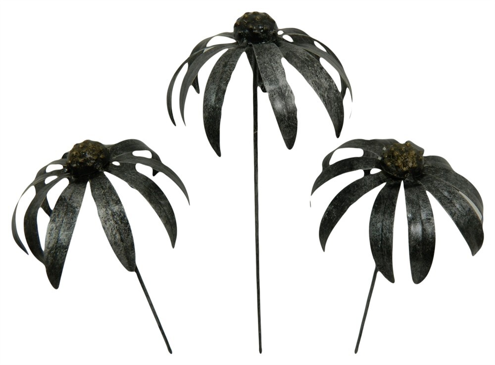 Metal Daisy Flower Garden Ornament Set of 3 Echinacea on 100cm stick - Silver