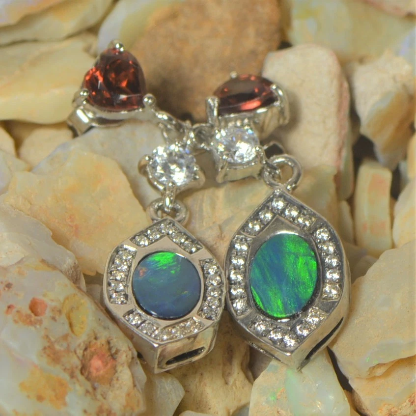 Australian opal earring pair Dangle Garnet Drop Sterling Silver Party Diamond - image 4 of 4
