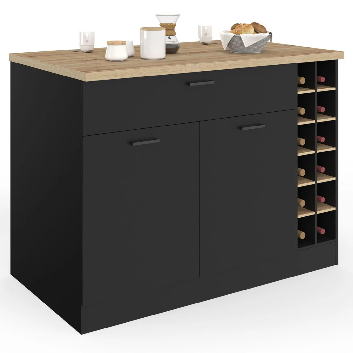Ilot central GEORGE bois noir avec range-bouteilles et tiroir de rangement 120x60cm
