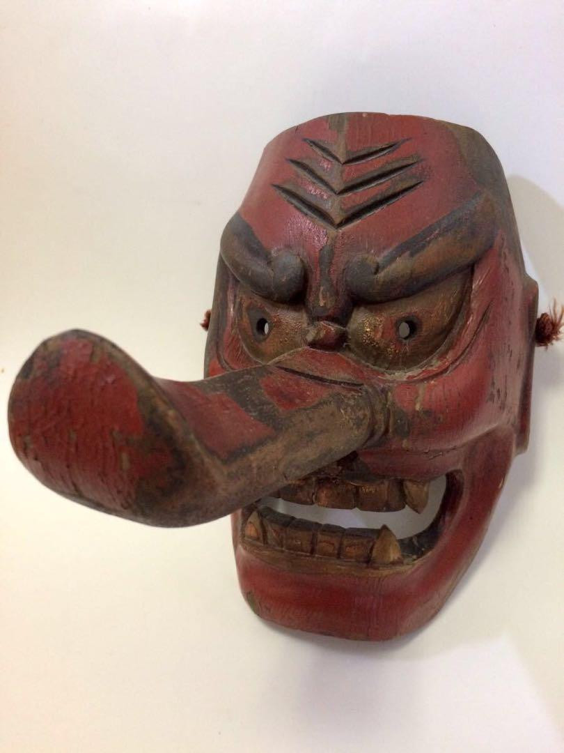 Antique Edo Period Tengu Mask Wood Carving Sarutahiko Okami Amulet