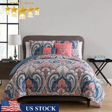 5-Piece Coral Damask Reversible Comforter Set Bedroom Bedding Set Full/Queen