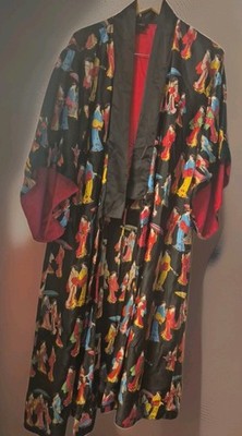 Natori Kimono Silk Robe Black Multi-Color S MISSING Belt