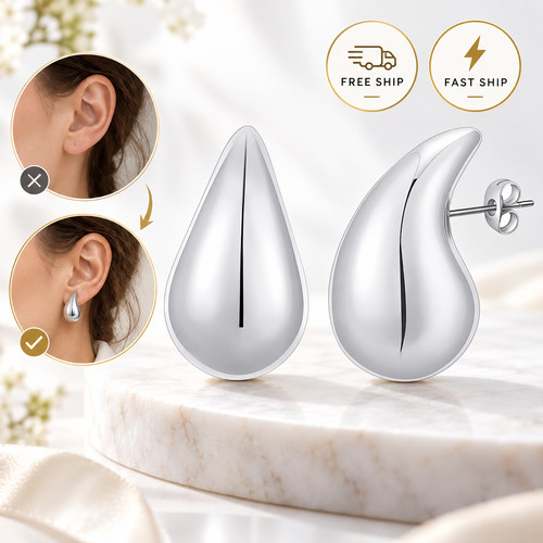 Chunky 14K Gold Plated Hoop Earrings for Women, Lightweight Waterdrop 