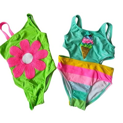 Flapdoodles Girls Swimsuit Size 4 Lot 2 One Piece Icecream Flower Lined EUC