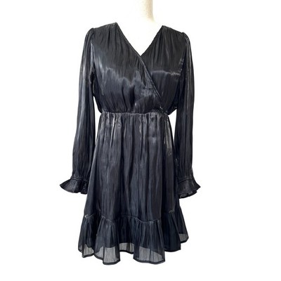 Dark Romantic Sheer Sleeve Mini Dress Pleated Wrap Black Witchy Goth Ruffle S