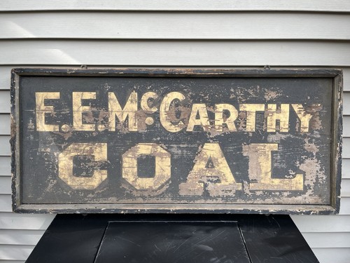 ANTIQUE E E MCCARTHY COAL WOODEN SMALTZ & GOLD LEAF TRADE SIGN 38x17” AS-FOUND