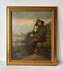 Ölbild 1885 Mann mit Hut und Gewehr am Meer sitzend unleserlich signiert