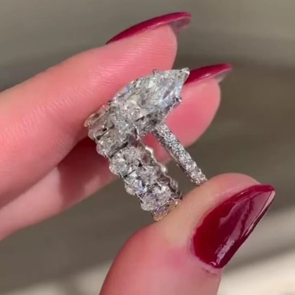 12.50CTW Pear VVS1 Moissanite Engagement Bridal Set Ring In 14kWhite Gold Plated - Image 4 of 4