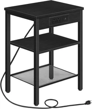 HOOBRO Side Table with Charging Station and USB Port, Small End Black 