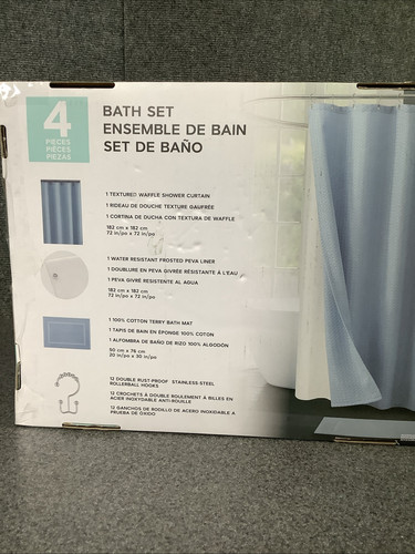 Costco 4-teiliges Badeset - blau - Vorhang, Einlage, Haken & Badematte M88B
