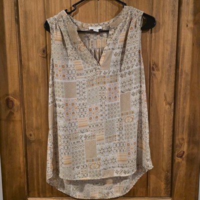 Saint Tropez West Blouse Top Womens Medium Beige Sleeveless V-Neck Classic Boho