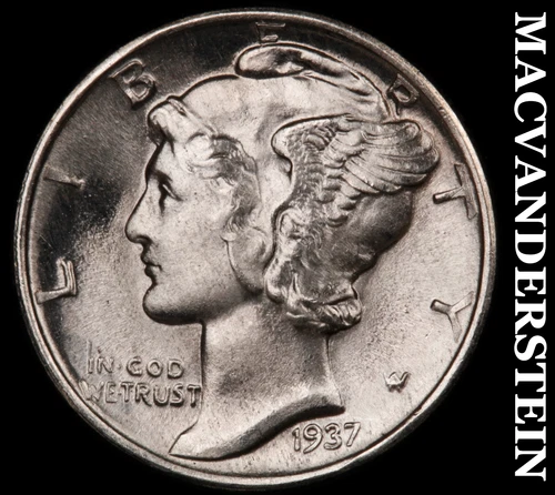 1937 Silver Mercury Dime - Choice Gem Brilliant Unc++++  Lustrous  #G9402