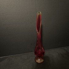 Vintage Viking Glass Swung Vase Amberina Red Orange With Base. 12 inches tall