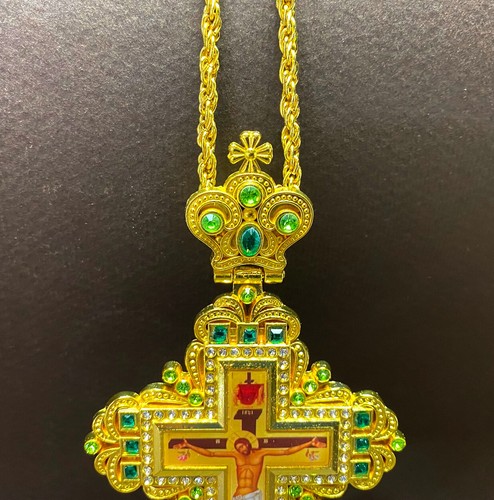 Greek Russian Orthodox Priest Pectoral Cross Pendant Gold Plated Green Stones - Picture 13 of 21