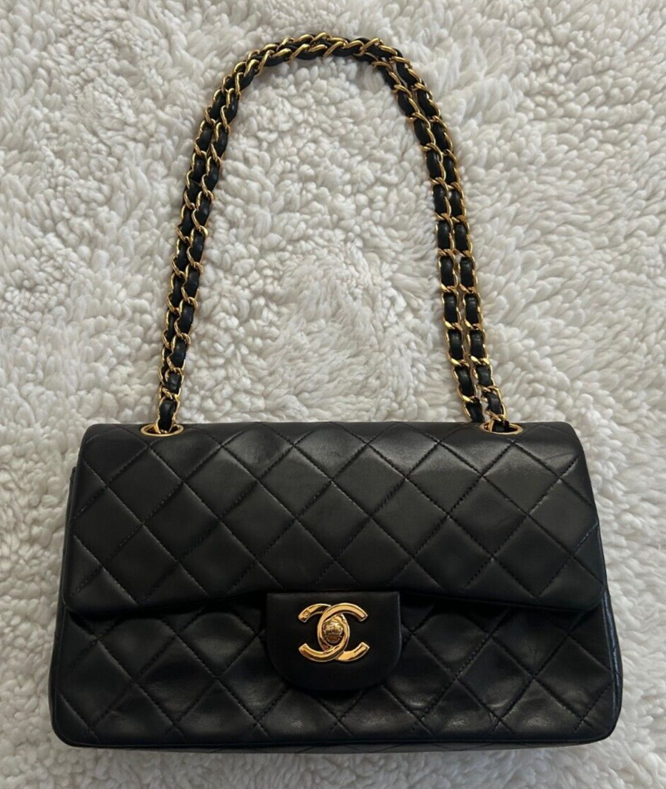 Authentic Chanel Black Quilted Lambskin Medium Classic Double Flap Bag Purse