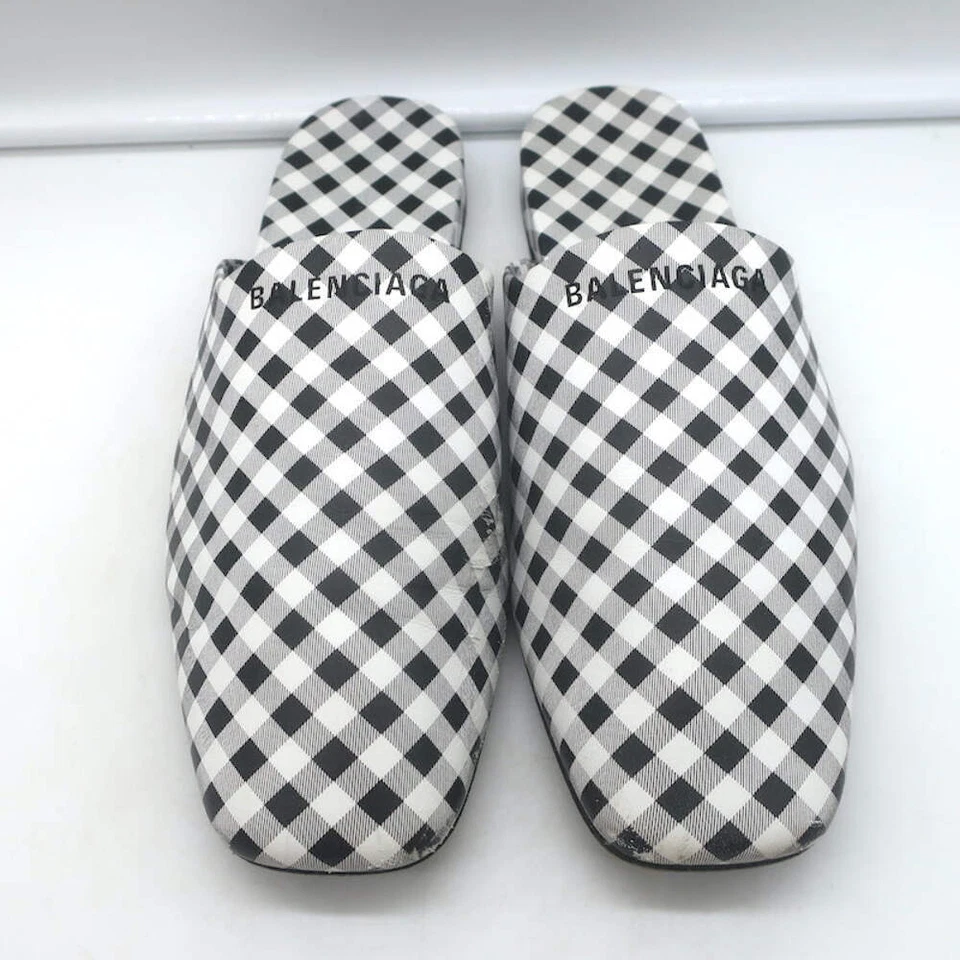 Balenciaga Cosy Gingham Mules Black & White Leather Size 37 Slip-On Flats - Image 4 of 4