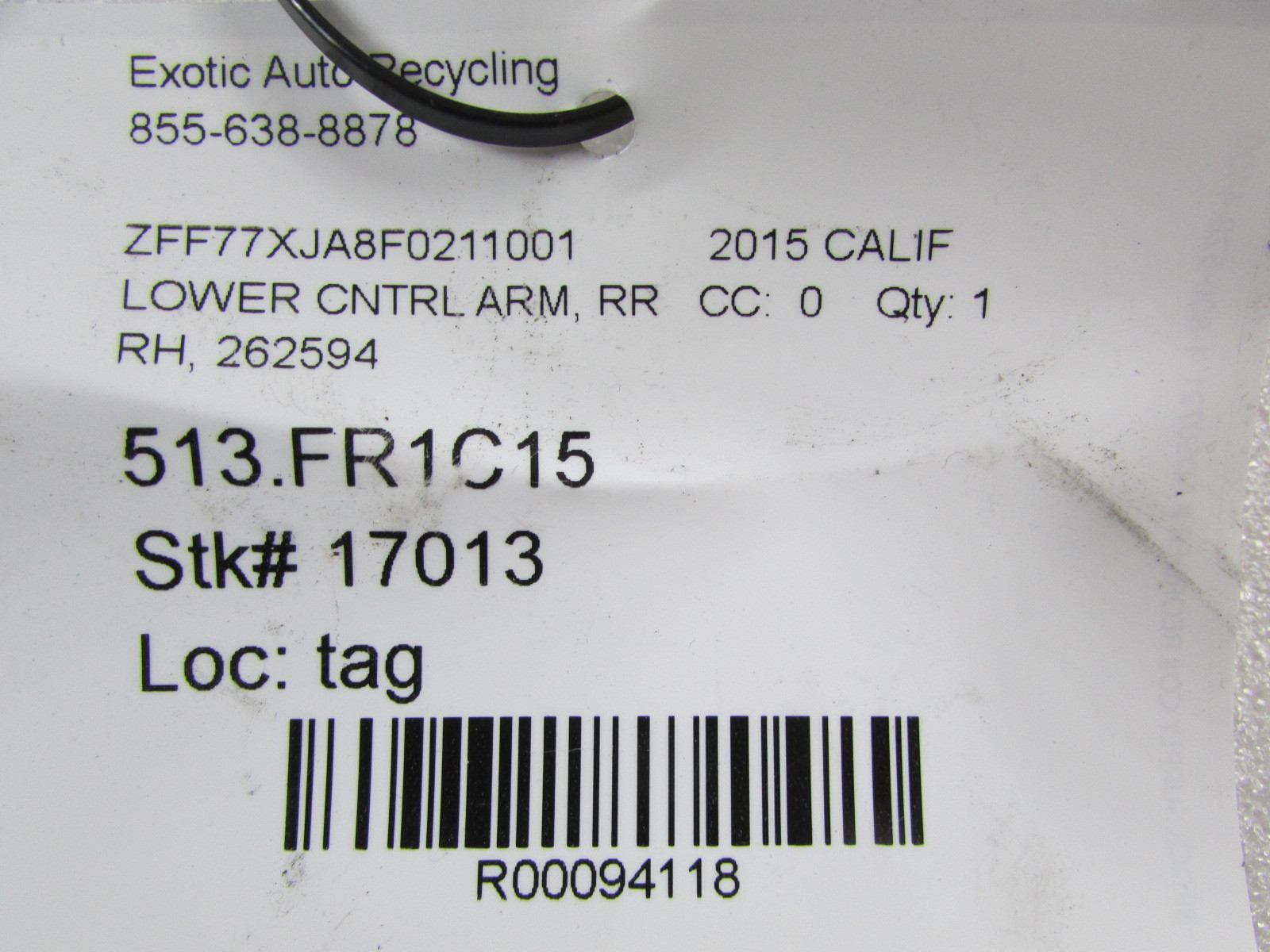 Ferrari California, RH, Right Rear Lower Control Arm, Used, P/N 262595