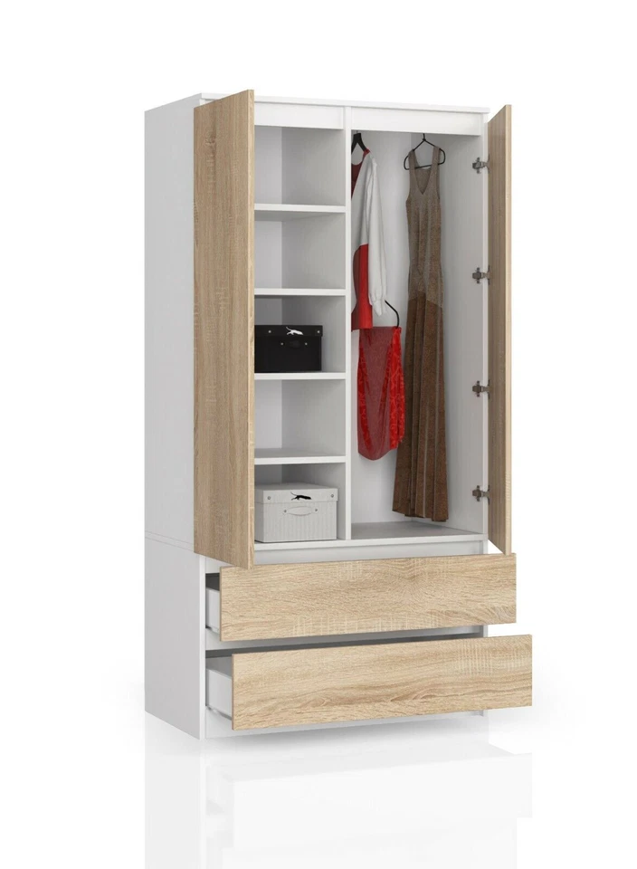 Armoire 2 portes, 4 étagères, cintres, 2 tiroirs 180x90x51cm - Photo 2/4