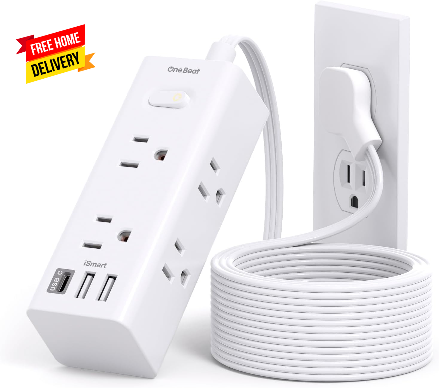 10Ft Extension Cord with Multiple Outlets, Flat Plug Power Strip Surge Protector-image