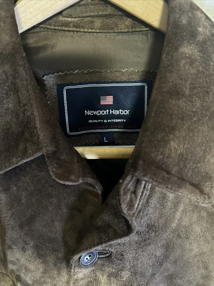Newport Harbor Mens Suede Jacket Brown Washable Coat Button Up Lined Pockets L - Image 3 of 4