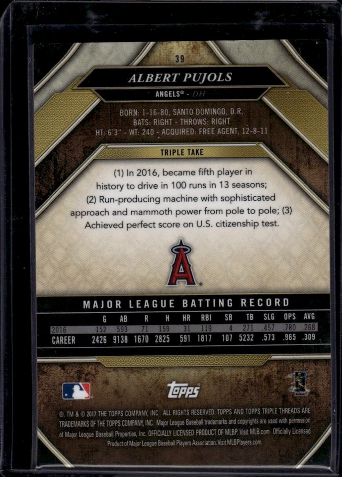 2017 Topps Triple Threads #39 Albert Pujols - Image 2 of 2
