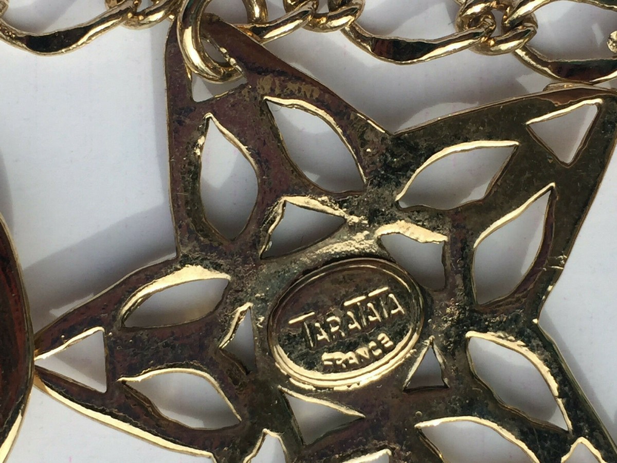 Collier Vintage TARATATA France Signé - Doré Et Strass étoiles/lunes - Longueur ~43cm