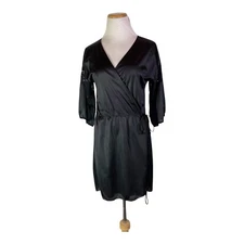 Vintage Blush Size S Black Nylon Wrap Robe Short Sleeve Tie Waist