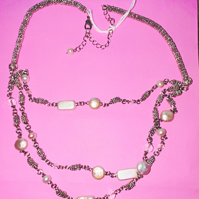 Silver Tone Multi-Strand Beaded Necklace, genuine Pearls beautiful