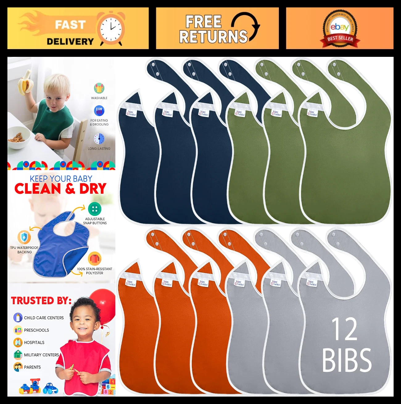 Large Waterproof Baby Bibs for Ages 1-4 - Soft, Lightweight & Durable Fabric for